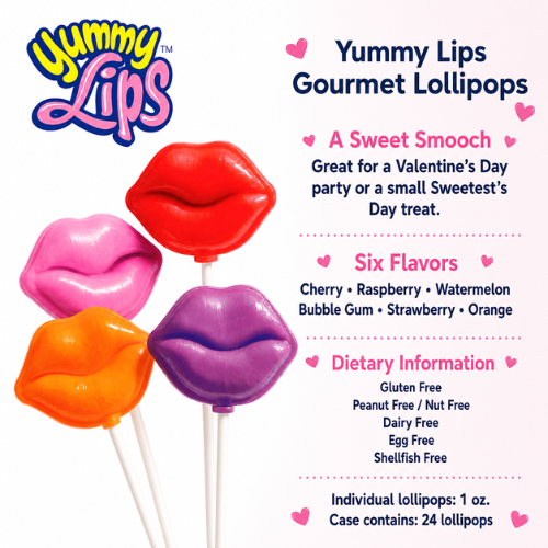 Yummy Lips Gourmet Lollipops infographic with flavors dietary information