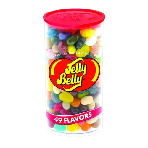 A clear plastic jar of Jelly Belly jelly beans with a red lid and a red, yellow, and pink front label. The jar is filled with multicolored jelly beans and has '49 FLAVORS' printed on the bottom.