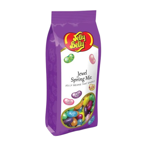 Purple bag of Jelly Belly Jewel Spring Mix jelly beans on a white background