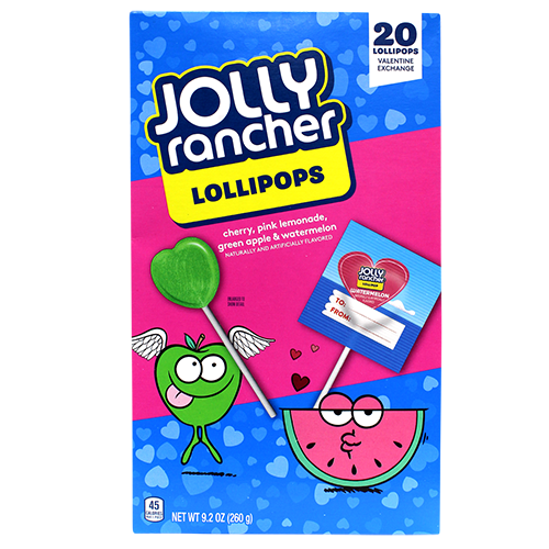 Jolly Rancher Lollipops Valentine's Exchange 20 Count 9.2 oz. Box - Visit www.allcitycandy.com for great candy, service and delicious treats.
