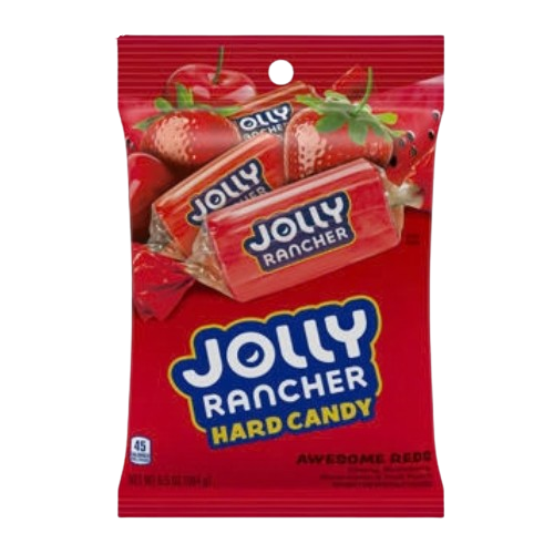 Red package of Jolly Rancher hard candy with strawberry imagery on a white background