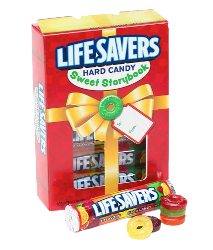 Lifesavers hard candy gift set with red box and yellow bow on a white background