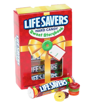Lifesavers hard candy gift set with red box and yellow bow on a white background