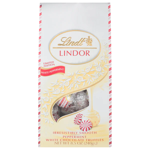 All City Candy Lindt Christmas Holiday Lindor White Chocolate Peppermint Truffles - 8.5-oz. Bag Smooth Peppermint Center For fresh candy and great service, visit www.allcitycandy.com