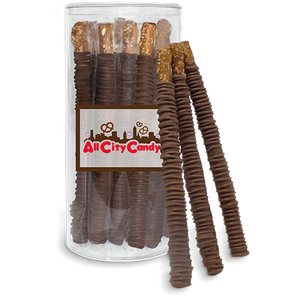 Milk Chocolate Hand Dipped Pretzel Rods 12 pc. Tube - Visit www.allcitycandy.com for great candy, service and delicious treats.