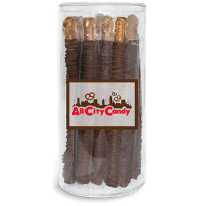 Milk Chocolate Hand Dipped Pretzel Rods 12 pc. Tube - Visit www.allcitycandy.com for great candy, service and delicious treats.