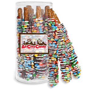 Milk Chocolate Hand Dipped Premium M&M Pretzel Rods 10 pc. Tube - Visit www.allcitycandy.com for great candy, service and delicious treats.