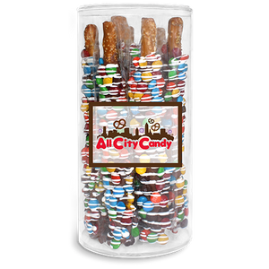 Milk Chocolate Hand Dipped Premium M&M Pretzel Rods 10 pc. Tube - Visit www.allcitycandy.com for great candy, service and delicious treats.