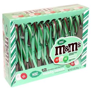 Mint M&M Chocolate Mint Candy Canes 12 count 5.3 oz. Box - For fresh candy and great service, visit www.allcitycandy.com