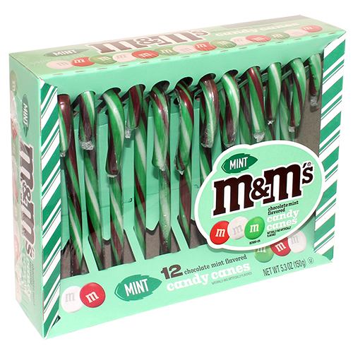 Mint M&M Chocolate Mint Candy Canes 12 count 5.3 oz. Box - For fresh candy and great service, visit www.allcitycandy.com