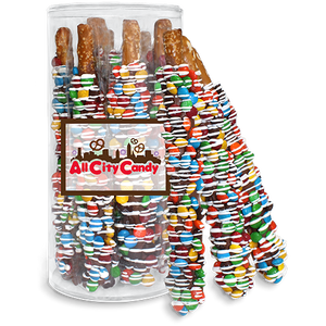 Milk Chocolate Hand Dipped Premium M&M Pretzel Rods 10 pc. Tube - Visit www.allcitycandy.com for great candy, service and delicious treats.