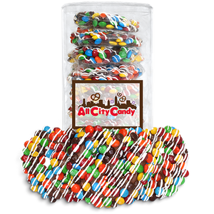 Milk Chocolate M&M Hand Dipped Premium Pretzel Twists 10 pc. Tube - Visit www.allcitycandy.com for great candy, service and delicious treats.
