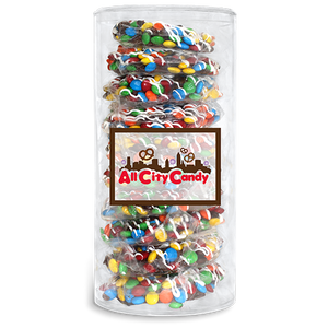 Milk Chocolate M&M Hand Dipped Premium Pretzel Twists 10 pc. Tube - Visit www.allcitycandy.com for great candy, service and delicious treats.