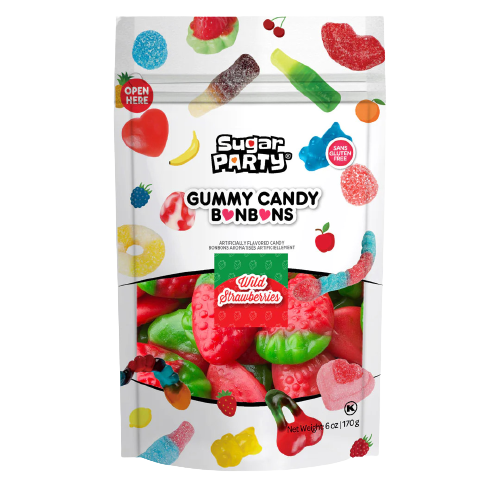 All City Candy Sugar Party Wild Strawberries Gummy Candy 6 oz. Bag- For fresh candy and great service, visit www.allcitycandy.com