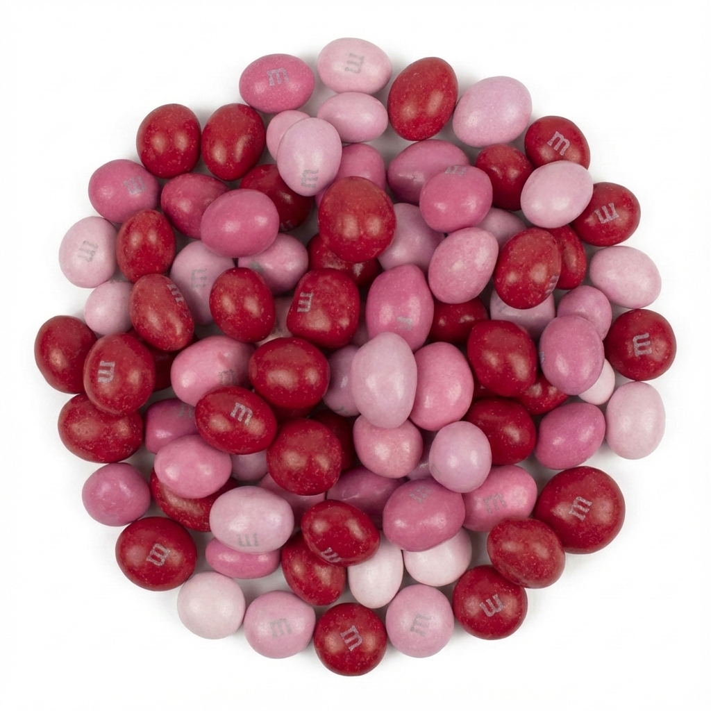 M&M candies in red and pink on a white background