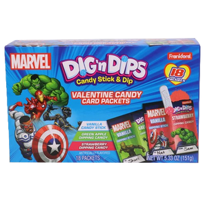 Marvel Valentine's Dig n Dips 18 Packets - 5.33 oz. Box - Visit www.allcitycandy.com for great candy, service and delicious treats.
