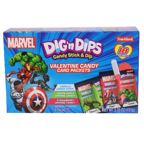 Marvel Valentine's Dig n Dips 18 Packets - 5.33 oz. Box - Visit www.allcitycandy.com for great candy, service and delicious treats.
