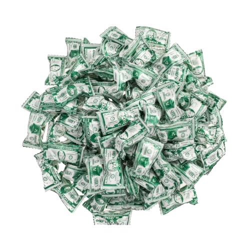 Pile money theme buttermints on a white background