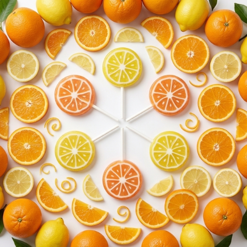 Oranges and Lemons in circle with lollipops in Center