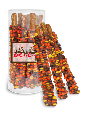 Milk Chocolate Hand Dipped Premium Reese's Pieces® Pretzel Rods 10 pc. Tube - Visit www.allcitycandy.com for great candy, service and delicious treats.