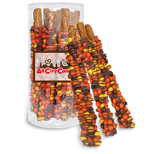 Milk Chocolate Hand Dipped Premium Reese's Pieces® Pretzel Rods 10 pc. Tube - Visit www.allcitycandy.com for great candy, service and delicious treats.
