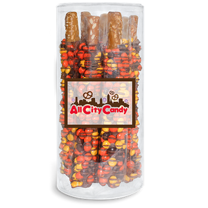 Milk Chocolate Hand Dipped Premium Reese's Pieces® Pretzel Rods 10 pc. Tube - Visit www.allcitycandy.com for great candy, service and delicious treats.