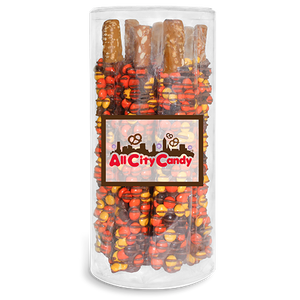 Milk Chocolate Hand Dipped Premium Reese's Pieces® Pretzel Twists 10 pc. Tube - Visit www.allcitycandy.com for great candy, service and delicious treats.