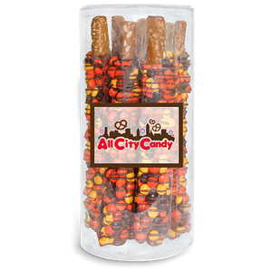 Milk Chocolate Hand Dipped Premium Reese's Pieces® Pretzel Rods 10 pc. Tube - Visit www.allcitycandy.com for great candy, service and delicious treats.