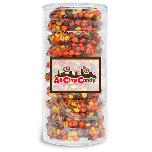 Milk Chocolate Hand Dipped Premium Reese's Pieces® Pretzel Twists 10 pc. Tube - Visit www.allcitycandy.com for great candy, service and delicious treats.