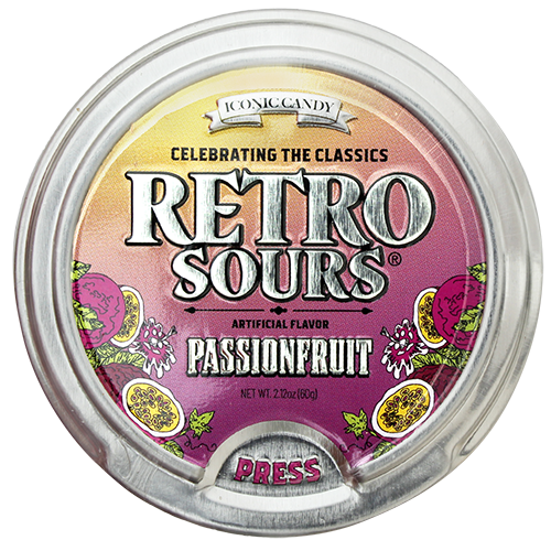 Iconic Candy Retro Sours Passion Fruit 2 oz. Tin Case of 8 - Visit www.allcitycandy.com for great candy, service and delicious treats.