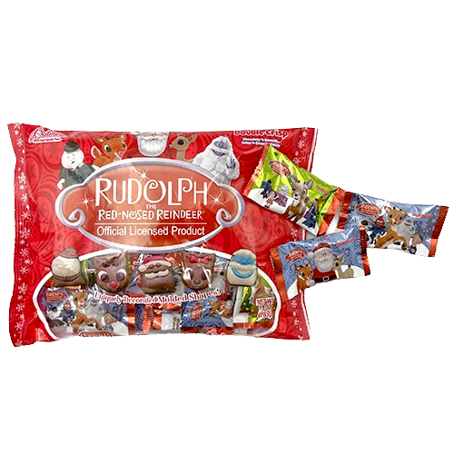 Packaged Rudolph the Red-Nosed Reindeer candy with various reindeer figures on a white background
