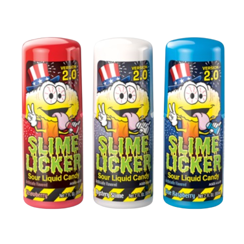 Three bottles of Slime Licker Sour Liquid Candy in red, white, and blue packaging.