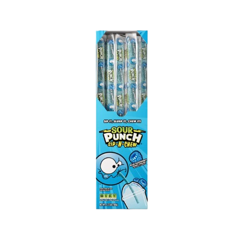 Sour Punch Blue Raspberry Sip-n-chew straws in box