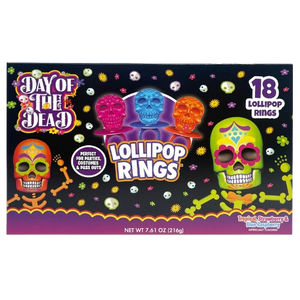 Day of the Dead Lollipop Rings 18 Count 7.61 oz. Box - Visit www.allcitycandy.com for great candy and delicious treats! 