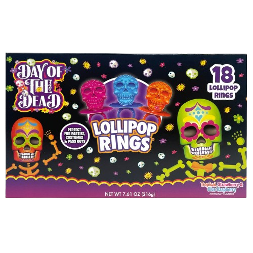 Day of the Dead Lollipop Rings 18 Count 7.61 oz. Box - Visit www.allcitycandy.com for great candy and delicious treats! 