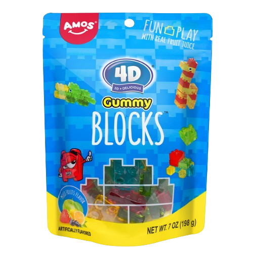 Amos 4 D Gummy Blocks 7 oz. Bag  Visit www.allcitycandy.com for great candy and delicious treats! 