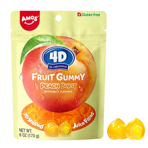 Amos 4 D Peach Burst Fruit Gummy 6 oz. Bag - Visit www.allcitycandy.com for great candy, service and delicious treats!