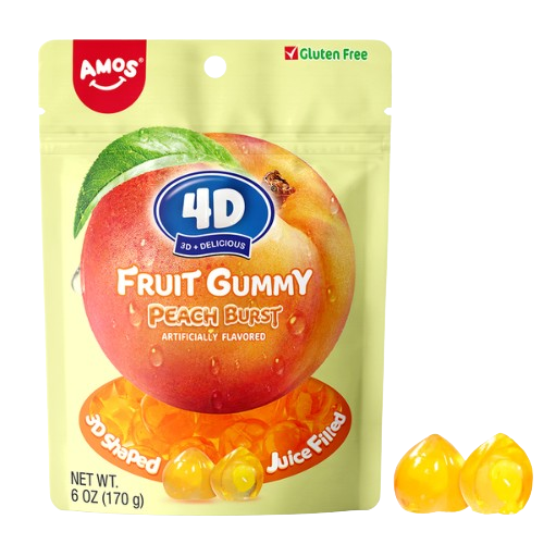 Amos 4 D Peach Burst Fruit Gummy 6 oz. Bag - Visit www.allcitycandy.com for great candy, service and delicious treats!