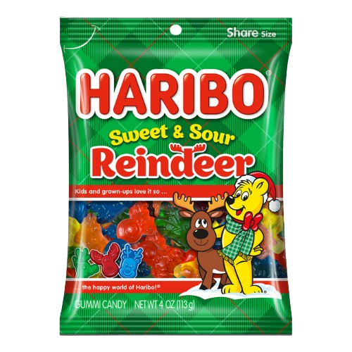 Haribo Sweet and Sour Reindeer Gummi Candy 4 oz. Bag - Visit www.allcitycandy.com for great candy, service and delicious treats!