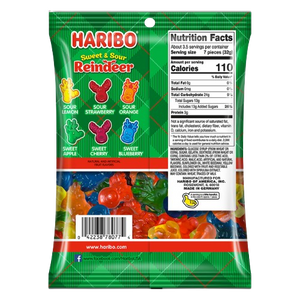 Haribo Sweet and Sour Reindeer Gummi Candy 4 oz. Bag - Visit www.allcitycandy.com for great candy, service and delicious treats!