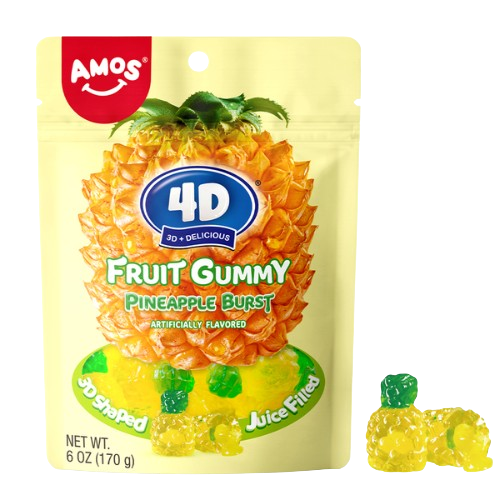 Amos 4D Pineapple Burst Gummy Candy 6 oz. Bag - Visit www.allcitycandy.com for great candy, service and delicious treats!