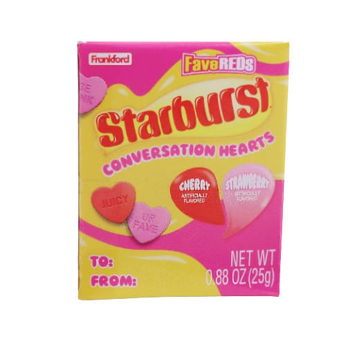 Starburst Conversation Hearts Fave Reds Pack of 4- 0.88 oz. Box - Visit www.allcitycandy.com for great candy, service and delicious treats!