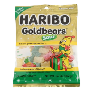 Haribo Holiday Edition Sour Goldbears 3.6 oz. Bag - Discover www.allcitycandy.com for bulk candy, chocolates, gummies & seasonal sweets. Perfect for parties, gifts & everyday treats—shop your favorites now!