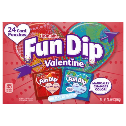 Lik m Aid Fun Dip Valentines24 Card Pouches 10.32 oz. Box - Discover www.allcitycandy.com for bulk candy, chocolates, gummies & seasonal sweets. Perfect for parties, gifts & everyday treats—shop your favorites now!