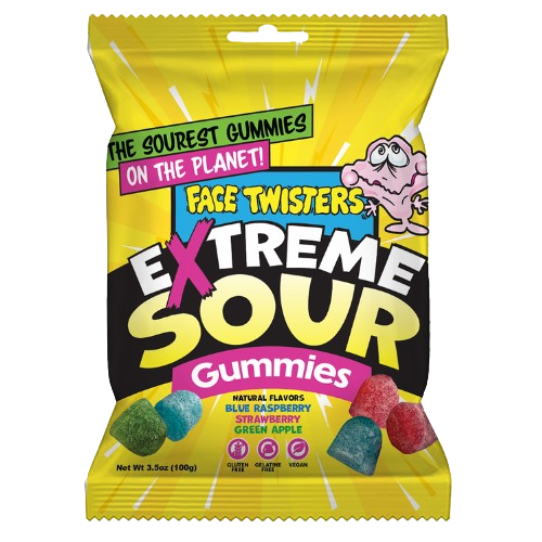 Face Twisters Extreme Sour Gummies 3.5 oz. Bag - Discover www.allcitycandy.com for bulk candy, chocolates, gummies & seasonal sweets. Perfect for parties, gifts & everyday treats—shop your favorites now!