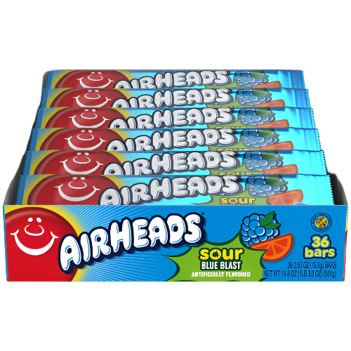 Airheads Sour Blue Blast 0.55 oz. Bar - Visit www.allcitycandy.com for great candy, service and delicious treats!