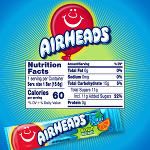 Airheads Sour Blue Blast 0.55 oz. Bar - Visit www.allcitycandy.com for great candy, service and delicious treats!