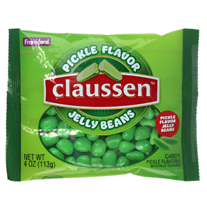 Frankford Claussan Pickle Jelly Beans 4 oz. Bag - Visit www.allcitycandy.com for great candy, service and delicious treats.