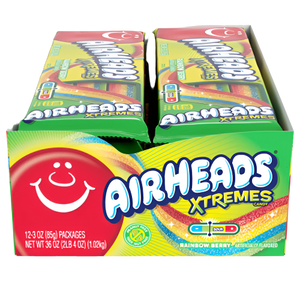Airheads Xtremes Rainbow Berry Belts 3 oz. Tray - Visit www.allcitycandy.com for great candy and delicious treats!