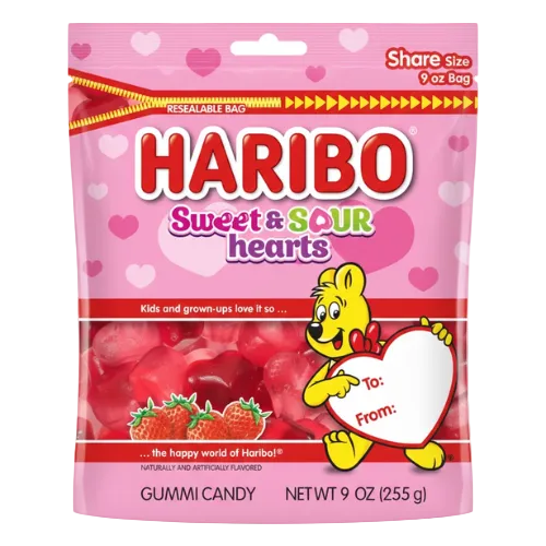 Haribo Sweet & Sour Hearts Gummi 9 oz. Bag - Visit www.allcitycandy.com for great candy and delicious treats! 